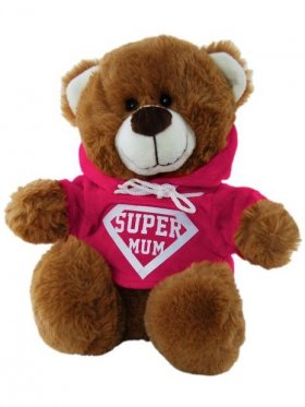 Plush Bear Super Mum Hot Pink Hoodie 25cm