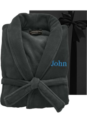 Embroidered Plush Ultra Soft Robe - Charcoal